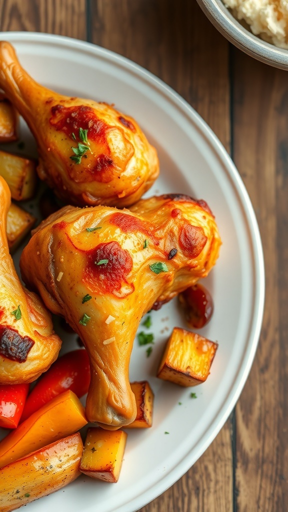 Crispy baked chicken drumsticks on a plate with roasted vegetables and herbs.
